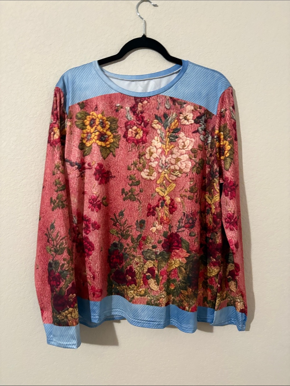SHEIN Floral Printed Long-Sleeve Top in Rose with Light Blue Trim